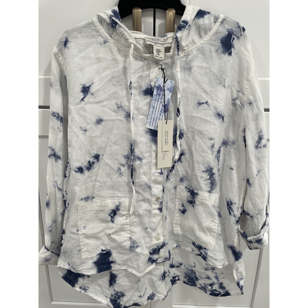 NWT Rachel Zoe Linen Tie Dye Button Down Roll Tab‎ Sl Hooded Top Pockets M SI34